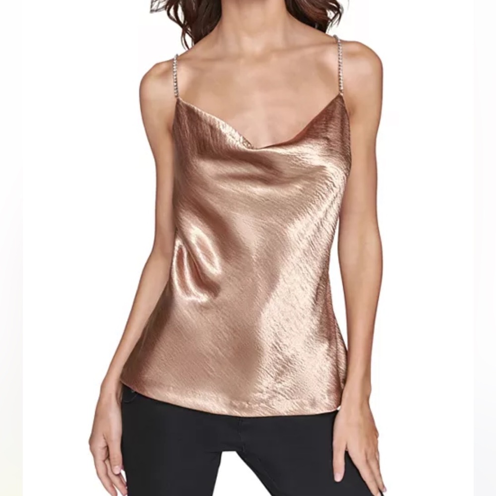 LAGERFELD Hammered Satin Camisole Rose Gold Rhinestone straps S NWT